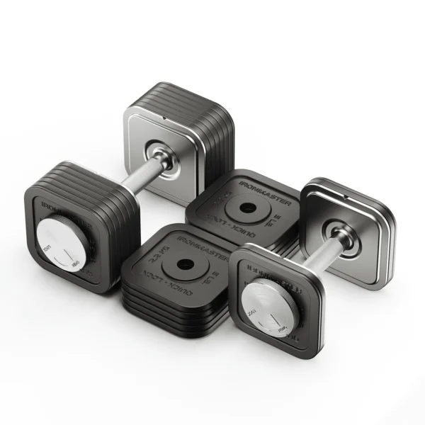 The Ironmaster 75 LB Quick-Lock Adjustable Dumbbell Set, featuring square black and silver plates, is shown on a white background. Weights are easily modified using the Quick-Lock system for versatile strength training.