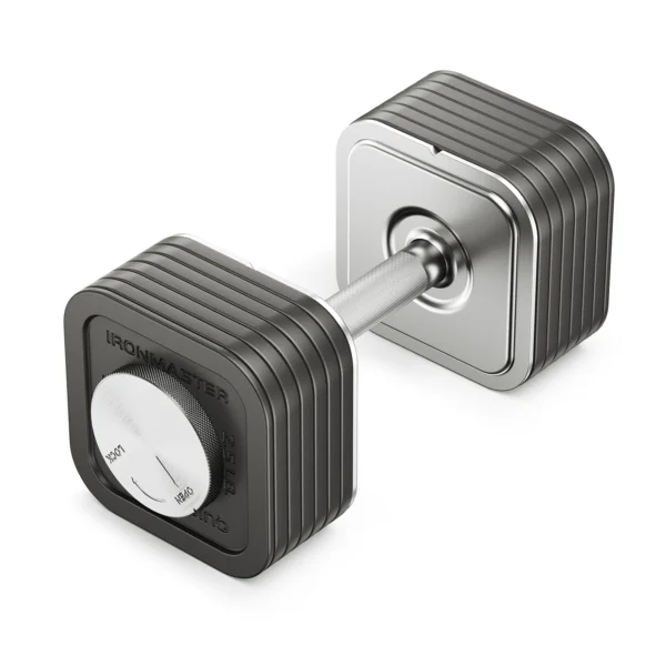An Ironmaster 75 LB Quick-Lock Adjustable Dumbbell Set is displayed horizontally, featuring a sleek metallic design with square weight plates and a shiny grip handle. Its innovative craftsmanship is highlighted by the visible weight adjustment mechanism at one end.