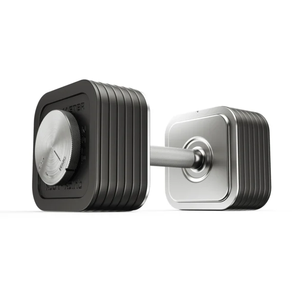 An Ironmaster 75 LB Quick-Lock Adjustable Dumbbell Set without a stand features sleek, square-shaped metal weights angled slightly. Its visible adjustable mechanism highlights functionality and modern design.