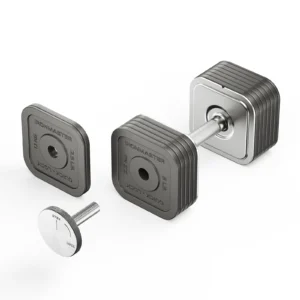 The Ironmaster 75 LB Quick-Lock Adjustable Dumbbell Set - No Stand showcases rectangular weight plates on a white background, with the bar assembled using multiple plates while extra plates and a locking mechanism are displayed separately.