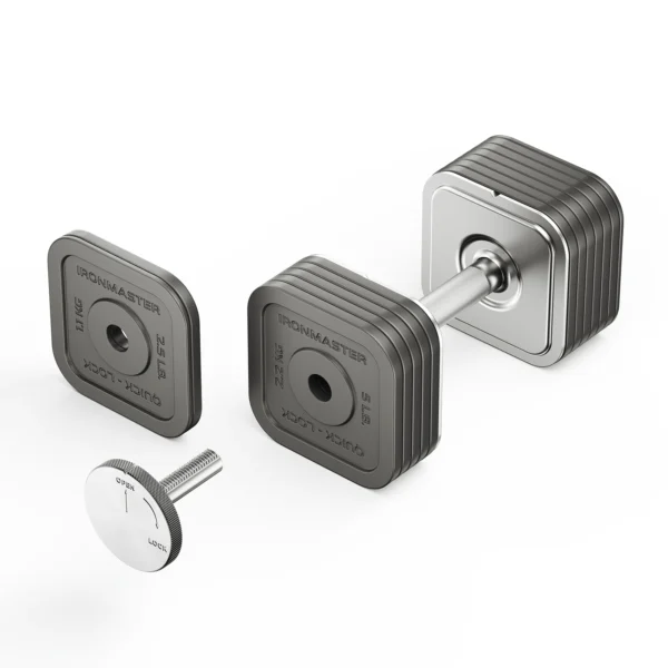The Ironmaster 75 LB Quick-Lock Adjustable Dumbbell Set - No Stand showcases rectangular weight plates on a white background, with the bar assembled using multiple plates while extra plates and a locking mechanism are displayed separately.