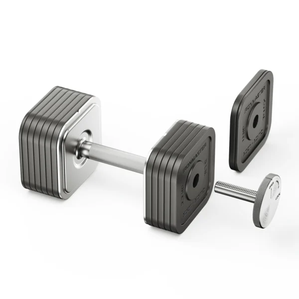 The Ironmaster 75 LB Quick-Lock Adjustable Dumbbell Set allows fitness enthusiasts to customize workout intensity with its modular design, featuring a sleek silver handle, stackable square plates, two additional weights, and a nearby screw.