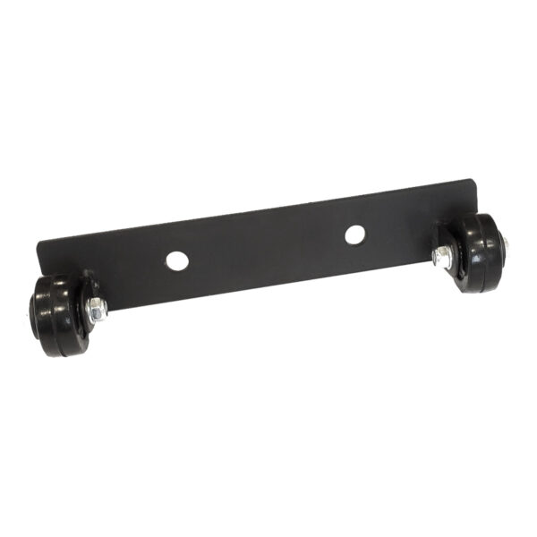The Ironmaster Wheelkit for Super Bench PRO is a metal bracket with dual wheels on each side and two mounting holes, offering an industrial and functional appearance.
