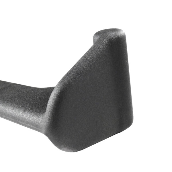 Close-up of the Full Advantage Grip - WIDE GRIP: a gray, L-shaped, textured metal bracket with smooth curves and tapering edges. Its matte surface looks sturdy, ideal for supporting or joining structures.