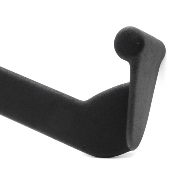 A close-up of the Full Advantage Grip - MID GRIP shows a black, L-shaped object with one end curved into a rounded hook. Its surface appears soft and textured against a plain white background.