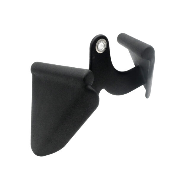 The Full Advantage Grip - Close Grip is a simple yet functional black plastic bracket with a curved design, featuring two triangular supports on each side, connected by a metal pin at the top, ideal for holding or supporting objects.
