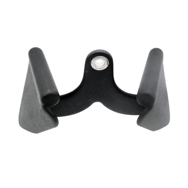 The Full Advantage Grip - Close Grip is a black, symmetrical plastic object featuring two curved arms and a circular opening at the top, designed as a specialized holder or support bracket for mounting or stabilizing items.