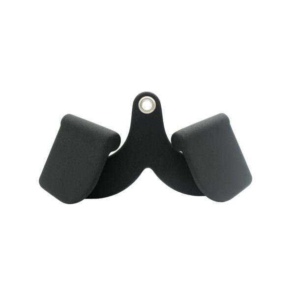 The Full Advantage Grip - Close Supinate Grip is a black ergonomic support pad with a curved base and two cushioned sections connected at the top by a metal ring for attachment.