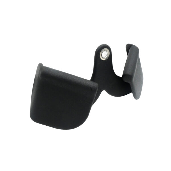 The Full Advantage Grip - Close Supinate Grip is a black, L-shaped plastic device featuring two flat ends and a central pivot point, designed as a holder or mount for securing objects.