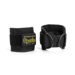 The Spud Ankle Cuff Pair is displayed with one upright and the other flat. Both feature a yellow Spud Inc logo, adjustable Velcro closures, and metal rings for securing.