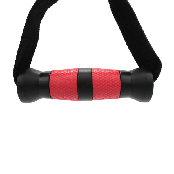 The Nylon Ergo Stirrup Handle is a red and black textured exercise grip with a strap for fitness gear like resistance bands or cables, featuring a non-slip surface for secure handling.