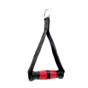 The Nylon Ergo Stirrup Handle is a red and black exercise cable handle featuring a nylon strap and an attached metal carabiner, designed for gym equipment.