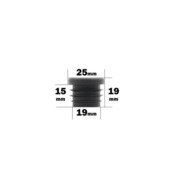 Image of a 25mm Diameter Cap, black and circular, featuring dimensions: 25mm in width, 15mm in height, and 19mm on the sides; it has grooved sections.