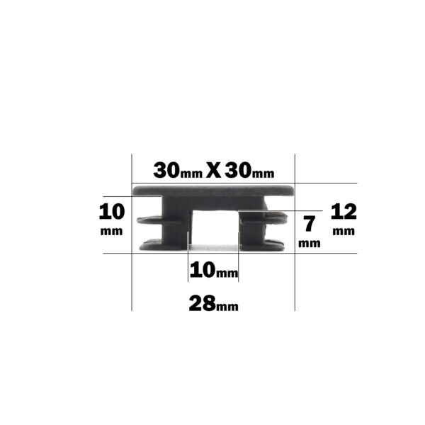 The 30mm x 30mm End Cap is black, with outer dimensions of 30x30mm, an inner space of 28x10mm, gaps of 10mm, an overall height of 12mm, and a thickness of 7mm. All measurements are in millimeters.