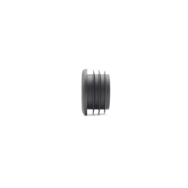 Side view of a 32mm Diameter Cap, black and cylindrical with ridges, isolated on a white background.