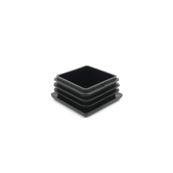 The 40mm x 40mm End Cap is a black plastic square cap with ribbed sides, designed for sealing the ends of square tubes or protecting surfaces.
