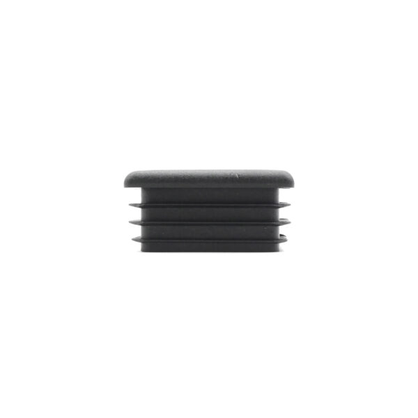 Close-up of a 40mm x 40mm black plastic end cap with horizontal grooves, fitting square tubing. Positioned against a white background.