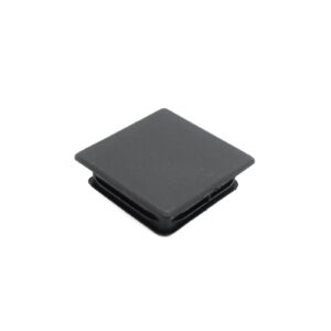 A 70mm x 70mm black square plastic end cap with a flat top and ribbed sides, designed to fit into an opening or tube end for closure.