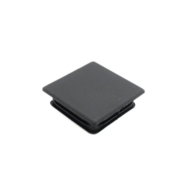 A 70mm x 70mm black square plastic end cap with a flat top and ribbed sides, designed to fit into an opening or tube end for closure.