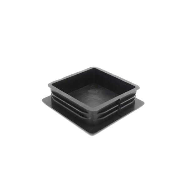 A 70mm x 70mm black square plastic end cap with grooved sides, designed to fit onto the end of a tube or furniture leg, displayed on a plain white background.