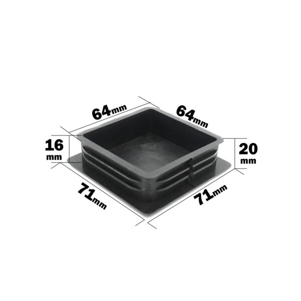 A square black plastic cap with ribbed sides, labeled as a 70mm x 70mm End Cap. Dimensions: 64mm x 64mm top, 71mm x 71mm including the outer edge, with an inner height of 16mm and a total height of 20mm.