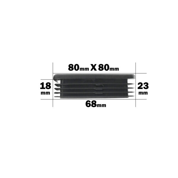 The diagram shows the 80mm x 80mm End Cap with the top measuring 80mm x 80mm, a height of 23mm, and an internal segment that is 68mm wide and 18mm high.