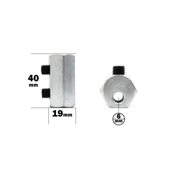 Displayed are two metal nuts labeled as End Stop 2 screws: a hexagonal nut, 19mm wide with a 6mm central hole, and a cylindrical coupling nut measuring 40mm in length. Both feature threaded interiors with dimensions and threading information clearly indicated.
