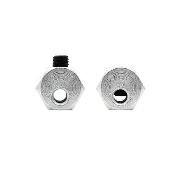 Two metallic End Stop 2 screws are displayed against a white background. One screw has a black rubber insert and is positioned slightly higher than the other without an insert.