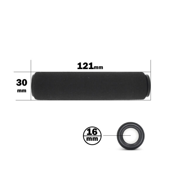 The Foam Grip 30mm OD x 120mm is a black cylindrical tool, 121 mm long with a diameter of 30 mm and a central bore measuring 16 mm, shown from the side and front.