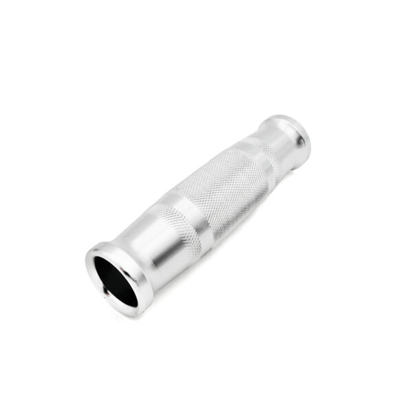 The Handle Grip 25x130mm ALUMINIUM is silver, cylindrical-shaped, features a textured grip in the center, and is shown at an angle on a white background.