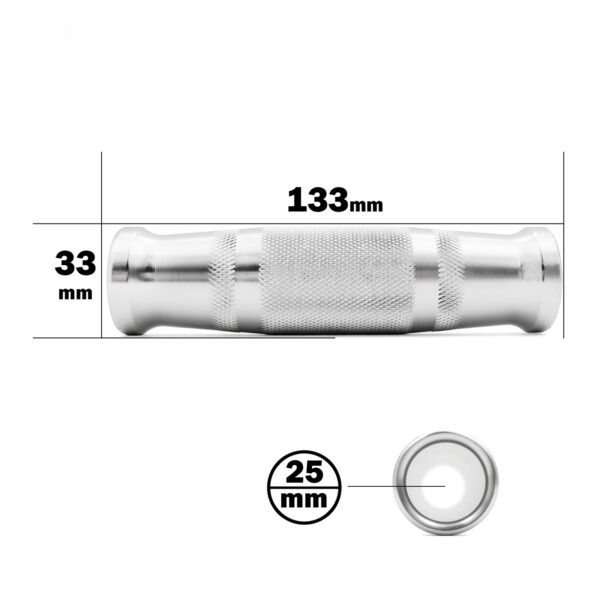 The Handle Grip 25x130mm ALUMINIUM features a 133mm length and 33mm width with a knurled grip, and its circular end view has a diameter of 25mm.