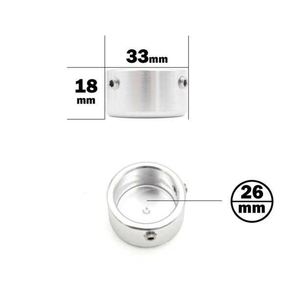 An aluminum cap for a 25mm tube, silver, cylindrical with an 18mm height and 33mm diameter. Features a 26mm inner diameter and two side screws. Includes top and side views on a white background.