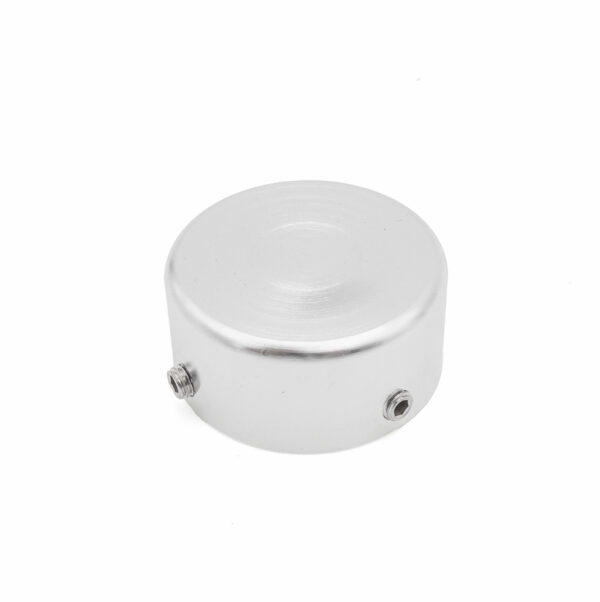 A round, silver aluminum cap for a 32mm tube with two side screws is designed for housing electrical connections. Its smooth, cylindrical surface is displayed on a white background.