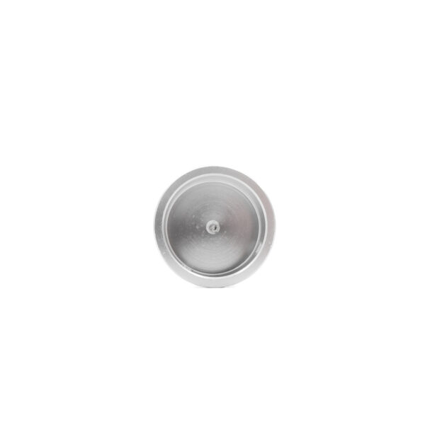 An aerial view of the Aluminum Cap for a 32mm tube, featuring a small central circular handle. Its surface is smooth and shiny against a plain white backdrop.