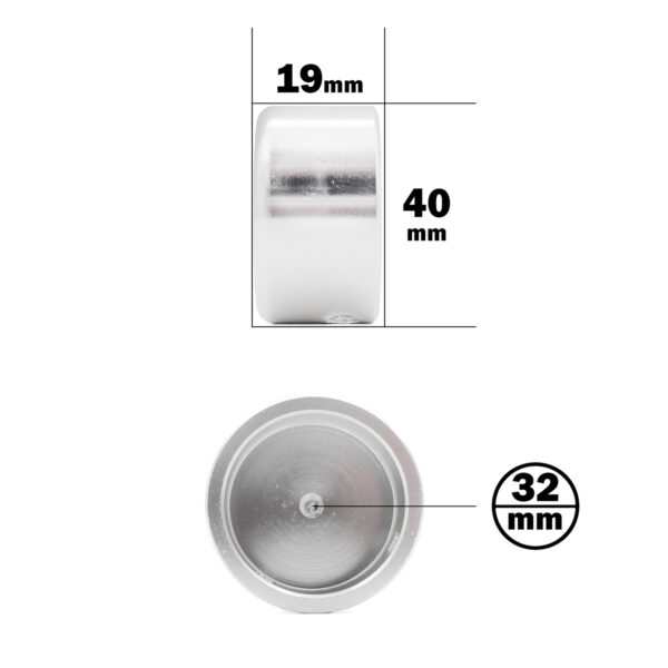 An Aluminum Cap for a 32mm tube is shown with labeled dimensions: a top view diameter of 32 mm, a height of 40 mm, and a bottom view displaying a recessed area with a diameter of 19 mm.