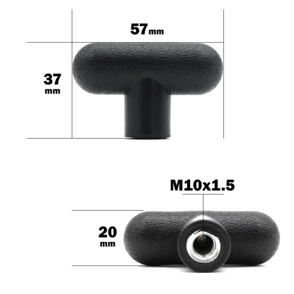 The M10 Knob T Head has a black textured T-shaped handle with dimensions of 57mm in width and 37mm in height. The bottom view reveals a threaded M10x1.5 hole with a 20mm depth.