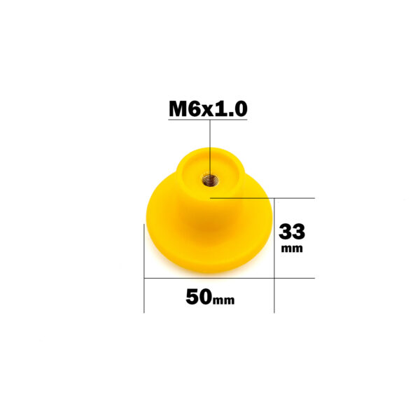 Yellow M6 Knob 50mm Head featuring a rubber bump stop with a diameter of 50mm, height of 33mm, and an M6x1.0 threaded insert at the top.
