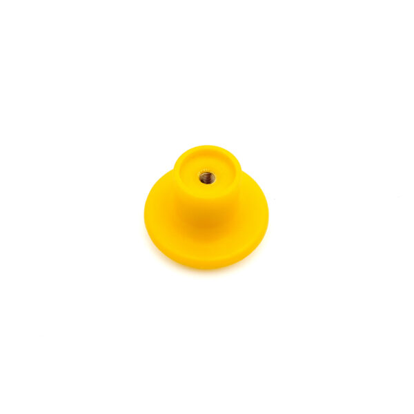 The M6 Knob 50mm Head is a small, yellow, round plastic object featuring a central hole and a metallic inner ring on a plain white background.