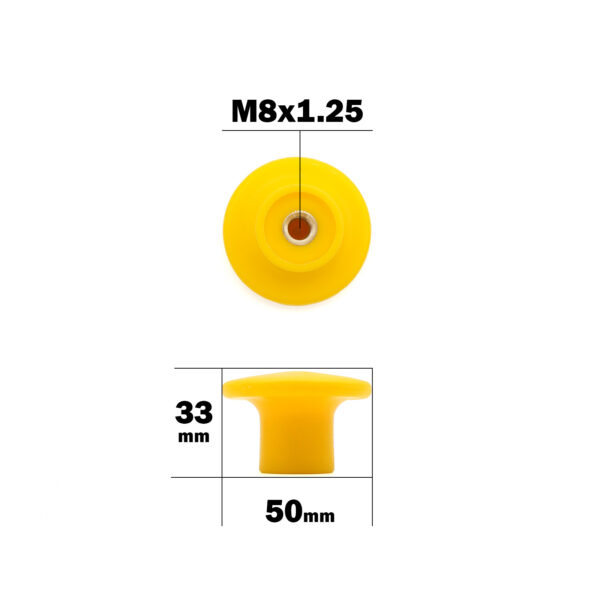 Yellow plastic M8 Knob 50mm Head, showing threading labeled M8x1.25, with a top view and side dimensions of 33mm height and 50mm width.