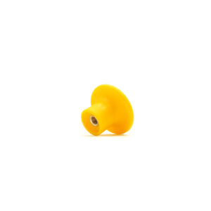 A yellow plastic M8 Knob 50mm Head features a round shape with a metal insert at the base, isolated on a white background.
