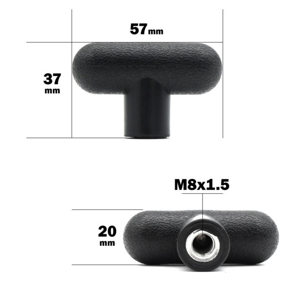 The M8 Knob T Head features a black T-shaped textured grip handle, measuring 57mm in width, 37mm in height, and 20mm in depth with a side view showing a threaded hole labeled M8x1.5.
