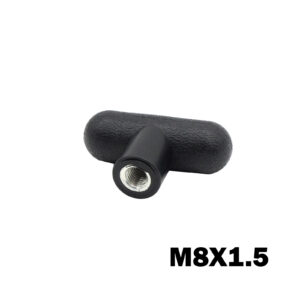A black T-shaped handle, named M8 Knob T Head, features a threaded metal insert labeled M8X1.5 in bold on a white background.