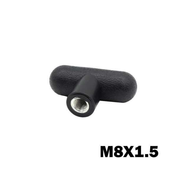 A black T-shaped handle, named M8 Knob T Head, features a threaded metal insert labeled M8X1.5 in bold on a white background.