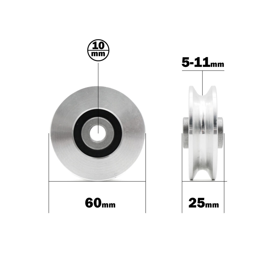 Image of a 60mm Aluminium Pulley with outer diameter 60mm, bore diameter 10mm, groove width 5-11mm, and side view width of 25mm.