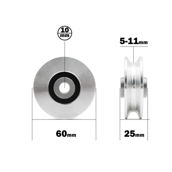 Image of a 60mm Aluminium Pulley with outer diameter 60mm, bore diameter 10mm, groove width 5-11mm, and side view width of 25mm.