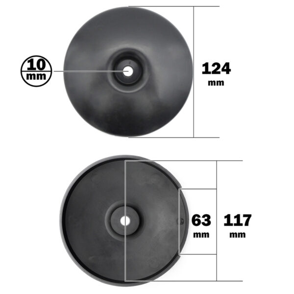 Image featuring two views of the Pulley Cover 117ID, a black plastic disc. The top view shows a central hole of 10 mm with a diameter of 124 mm, while the bottom view reveals a rim depth of 63 mm and a diameter of 117 mm.