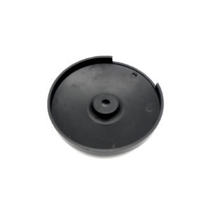 The product is the Pulley Cover 117ID, a black, round plastic item featuring a flat base, slightly raised center, and small edge notch. Its surface is smooth and plain.