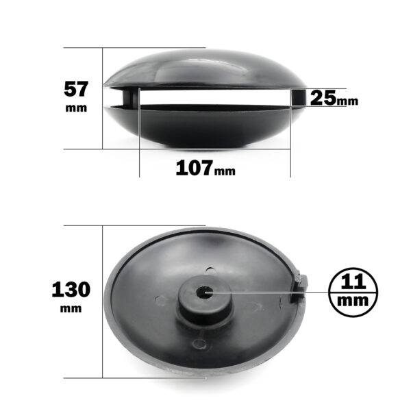 The Pulley Cover 120ID features a black round shape with a side view showing a height of 57 mm, top thickness of 25 mm, and a diameter of 107 mm. From the bottom view, it has a diameter of 130 mm and an 11 mm central hole.