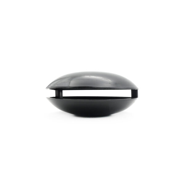 The Pulley Cover 120ID is a black, spherical, modern object with a reflective surface and a horizontal opening through the center, set against a white background.