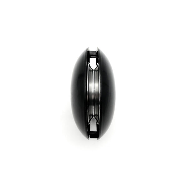 The Pulley Cover 120ID features a black exterior with a polished silver interior, shown from the side to highlight its symmetrical and sleek design against a plain white background.